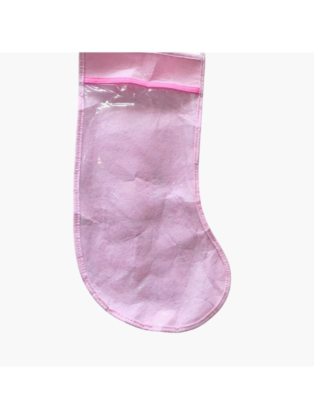 Pink Felt Christmas Stocking With Clear Vinyl Pocket 16x9 Inches